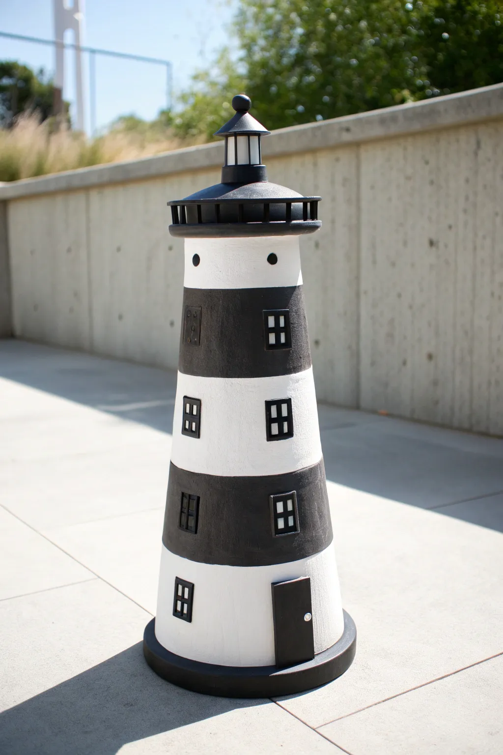 Sleek black and white clay pot lighthouse with minimalist lines for a modern patio display.