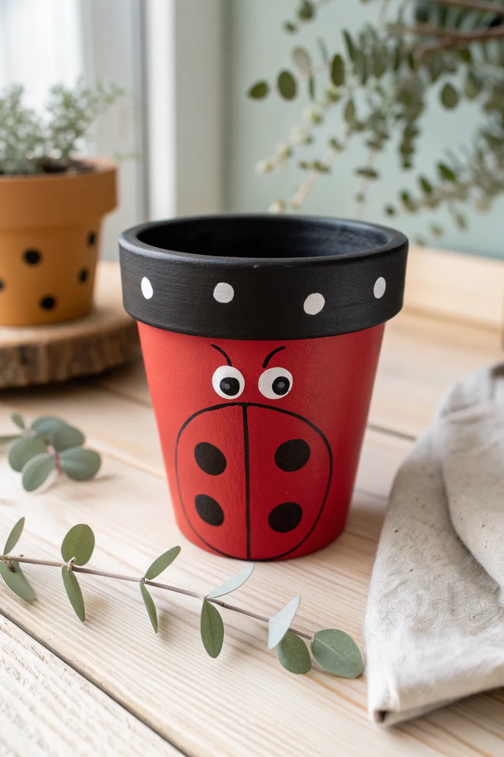 Ladybug and bumblebee painted pots add bright, kid friendly charm to a minimalist patio table.