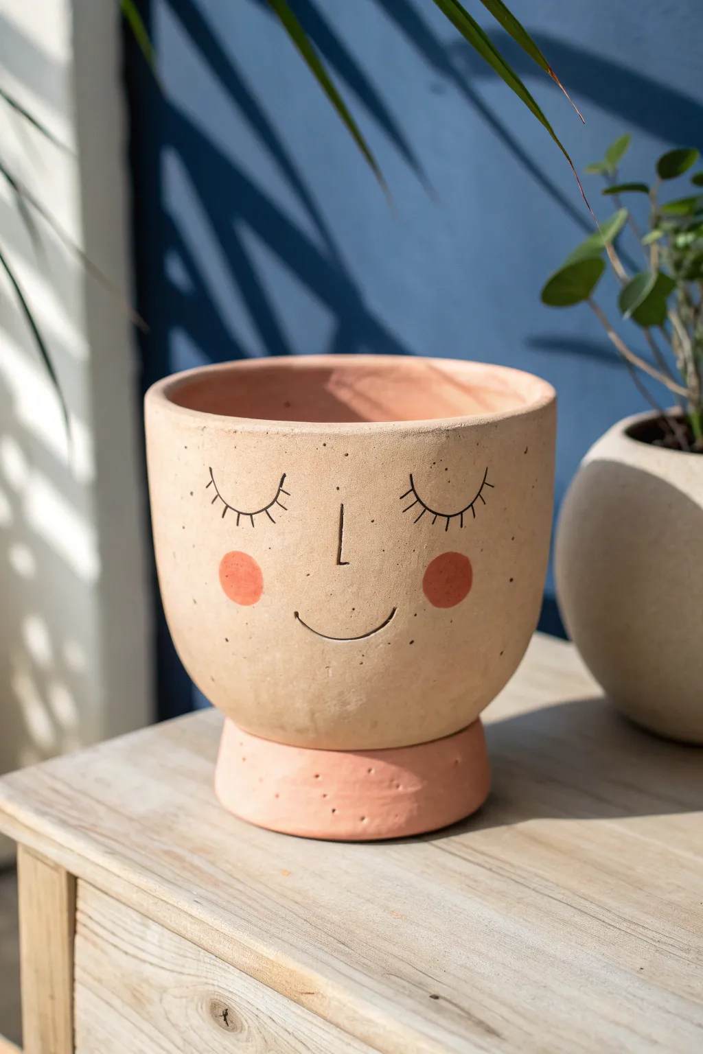 Big smiley clay head pot with rosy cheeks, simple dots, and warm minimalist charm.