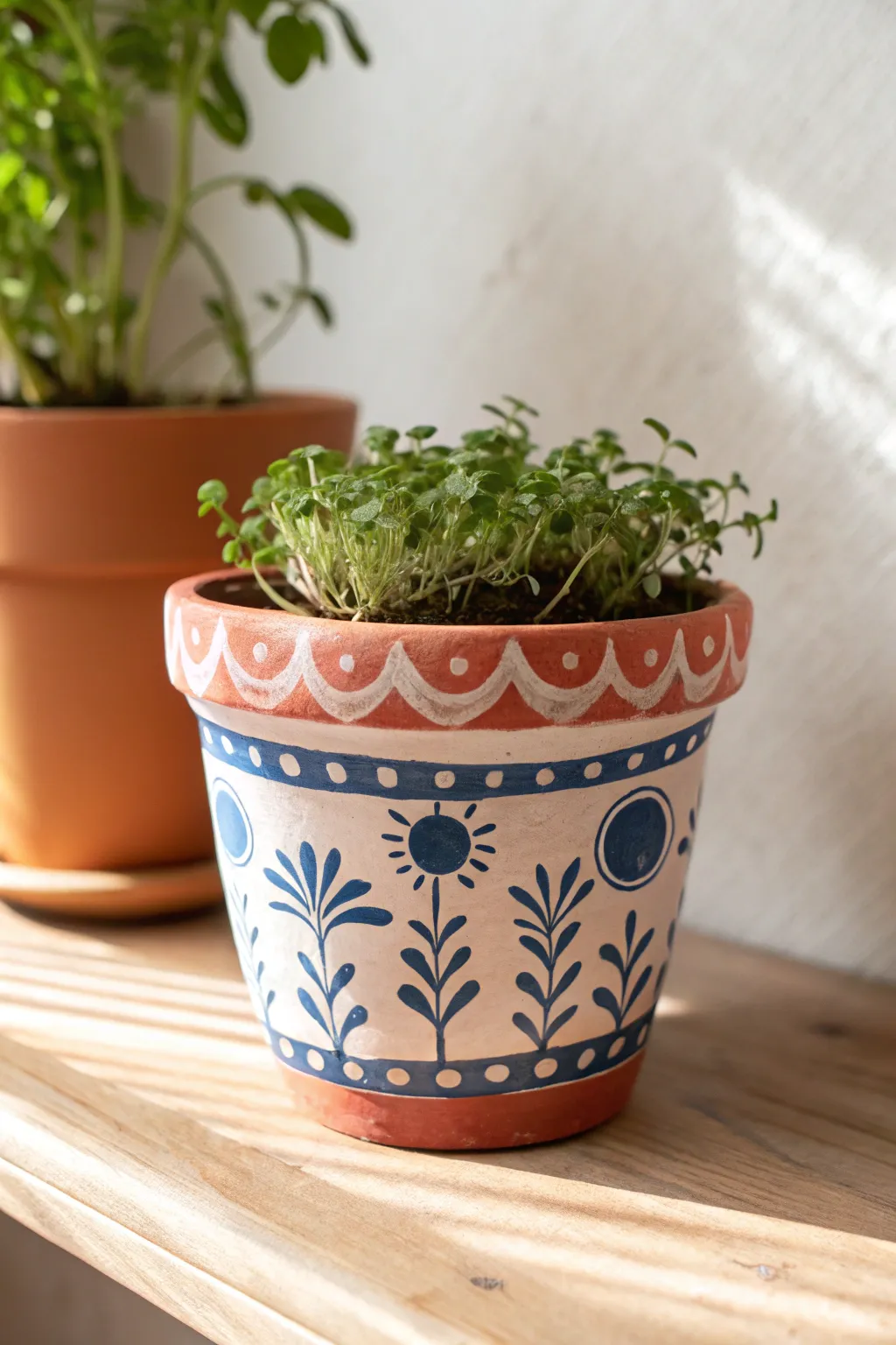 DIY stamped clay pot planter in bold boho colors, perfect for fresh herbs and sunny windowsills