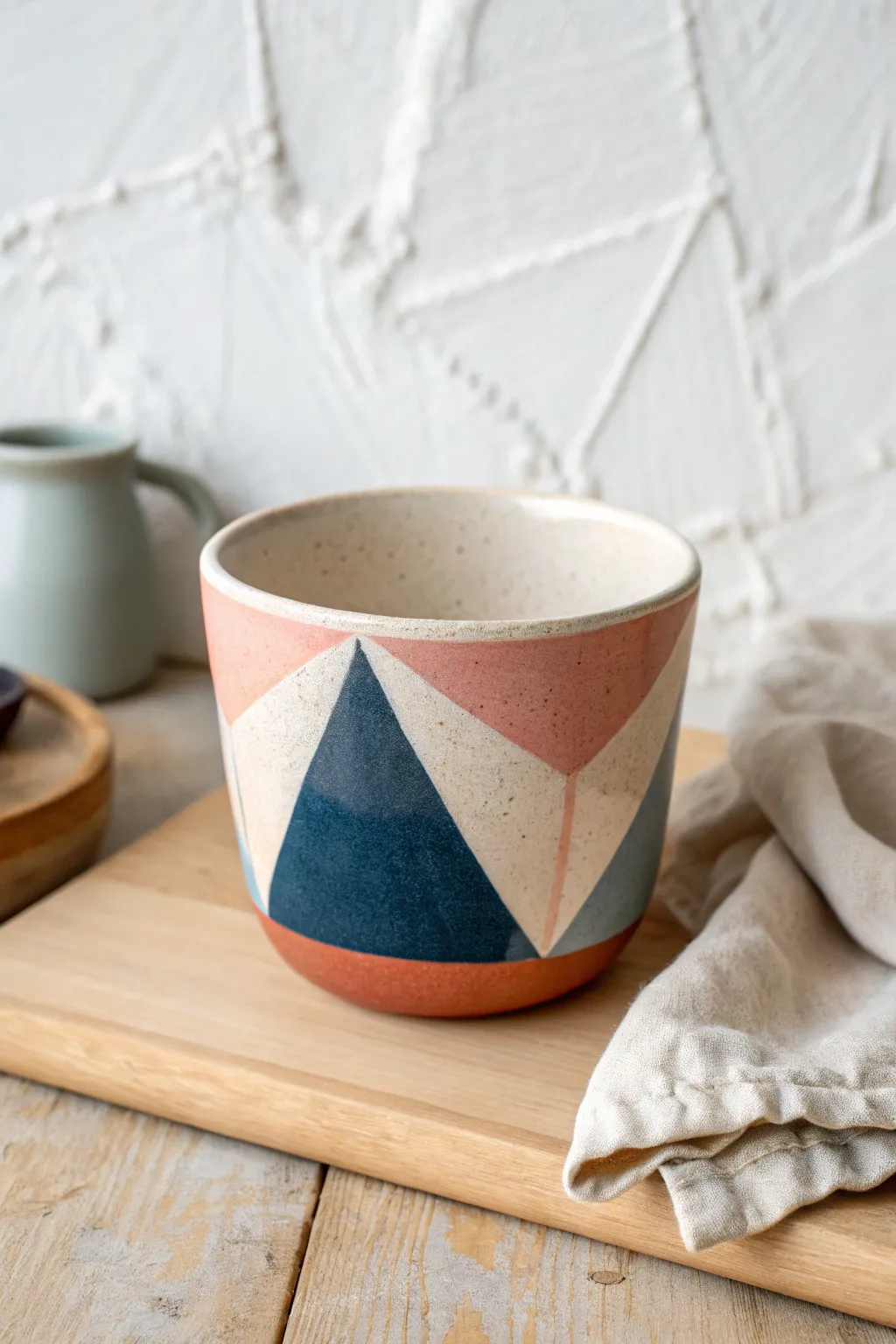 Modern color-blocked pottery cup: bold geometrics, clean lines, and warm handmade charm