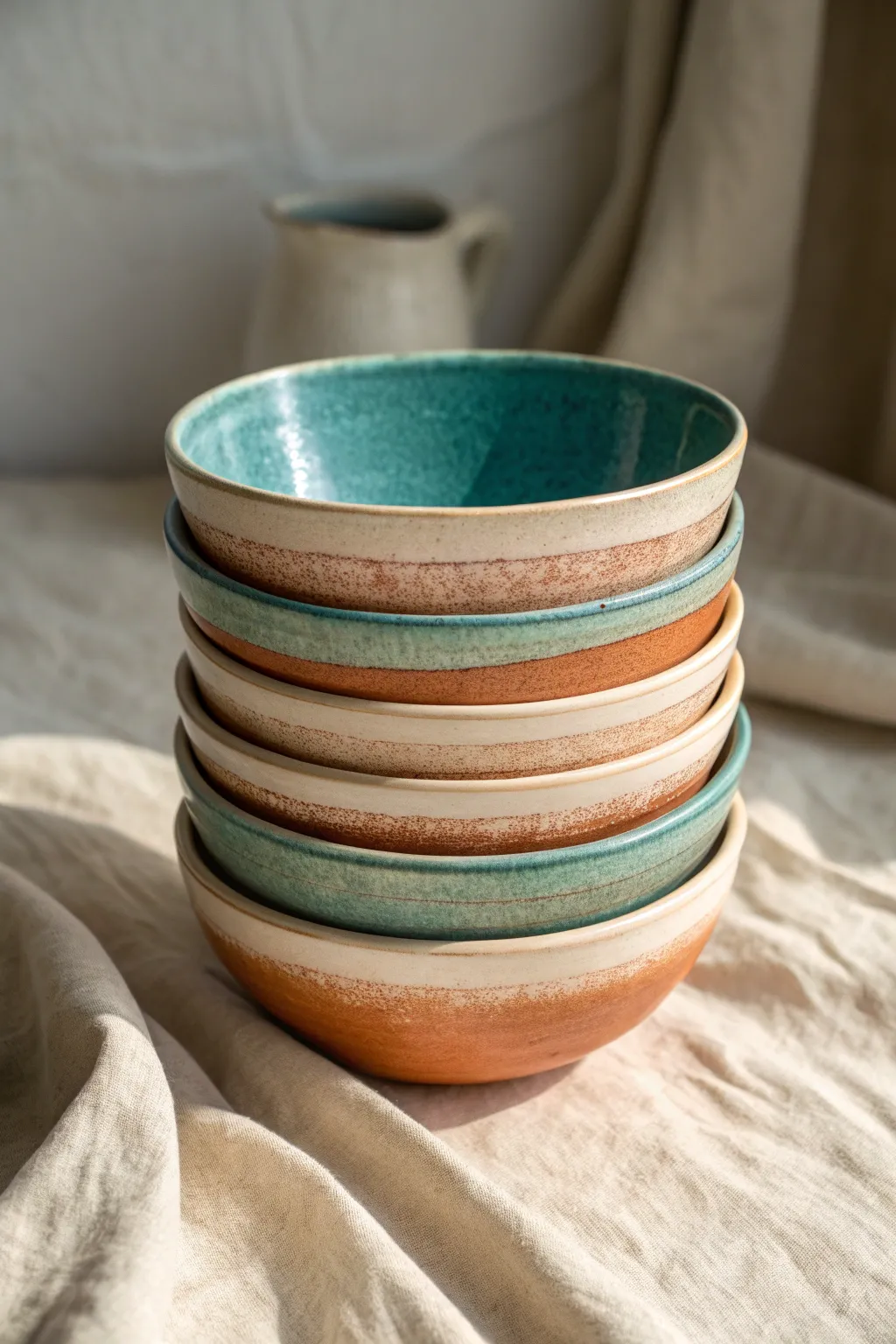 Stacked everyday pottery bowls with clean rims and subtle glaze variation in bold, minimal style