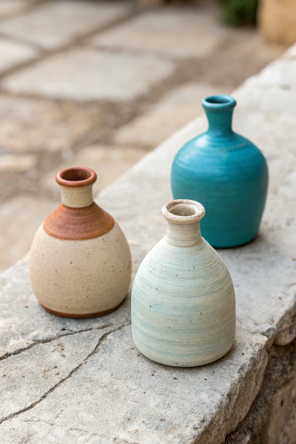 Beginner-friendly mini bud vase trio in bold earthy tones, simple shapes, Scandinavian calm.
