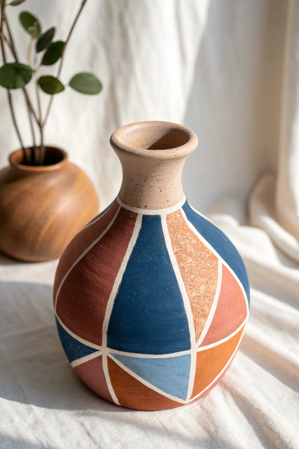 Bold color-blocked pottery vase with crisp geometric edges, modern Scandinavian minimalism
