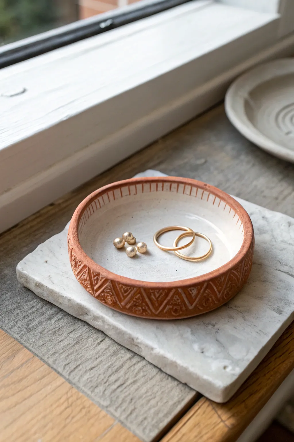Textured stamped ring dish in warm terracotta, a simple clay project with a chic boho feel