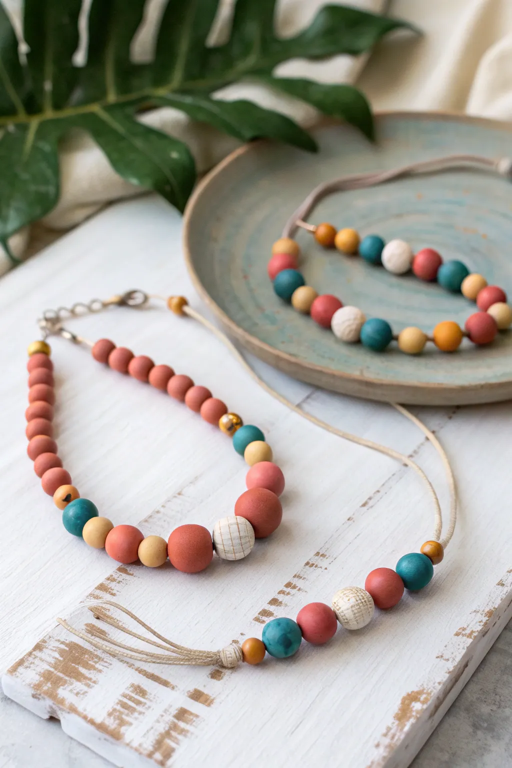 Colorful handmade clay bead bracelet and necklace set on a bright minimalist backdrop