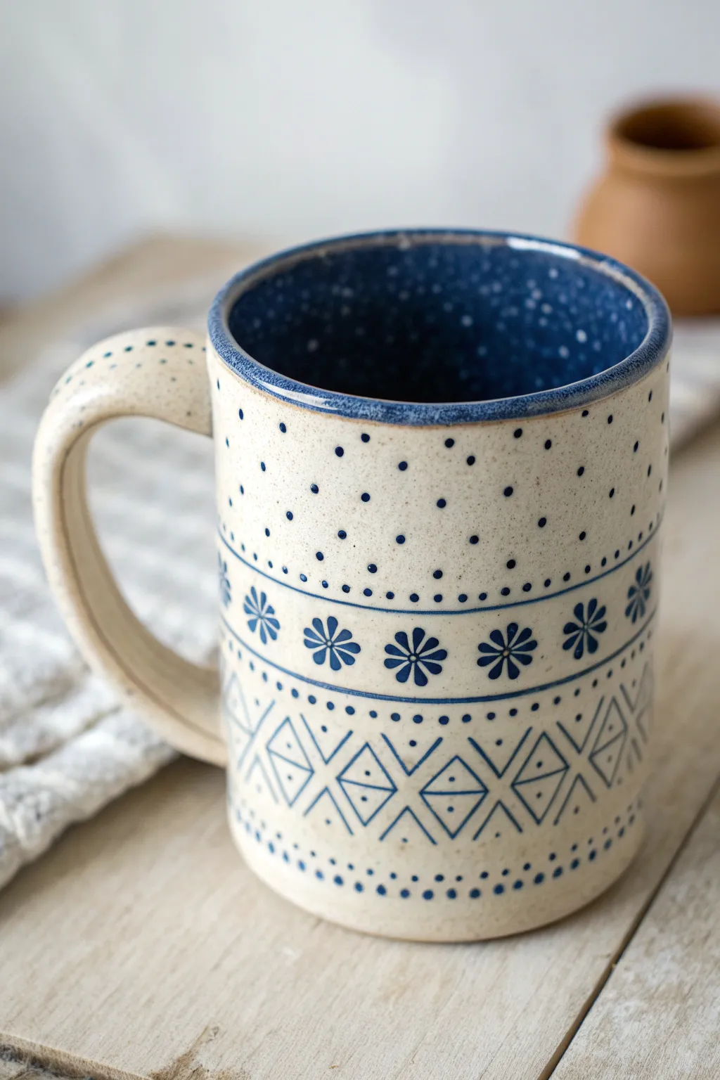 Simple slab mug with playful stamped textures, bold glaze, perfect for middle school clay class.