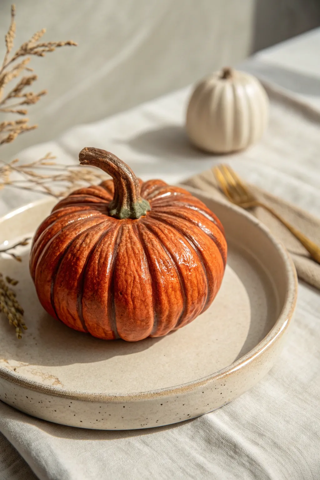 Heirloom clay pumpkin with deep ridges in bold burnt orange, styled minimal on a neutral plate