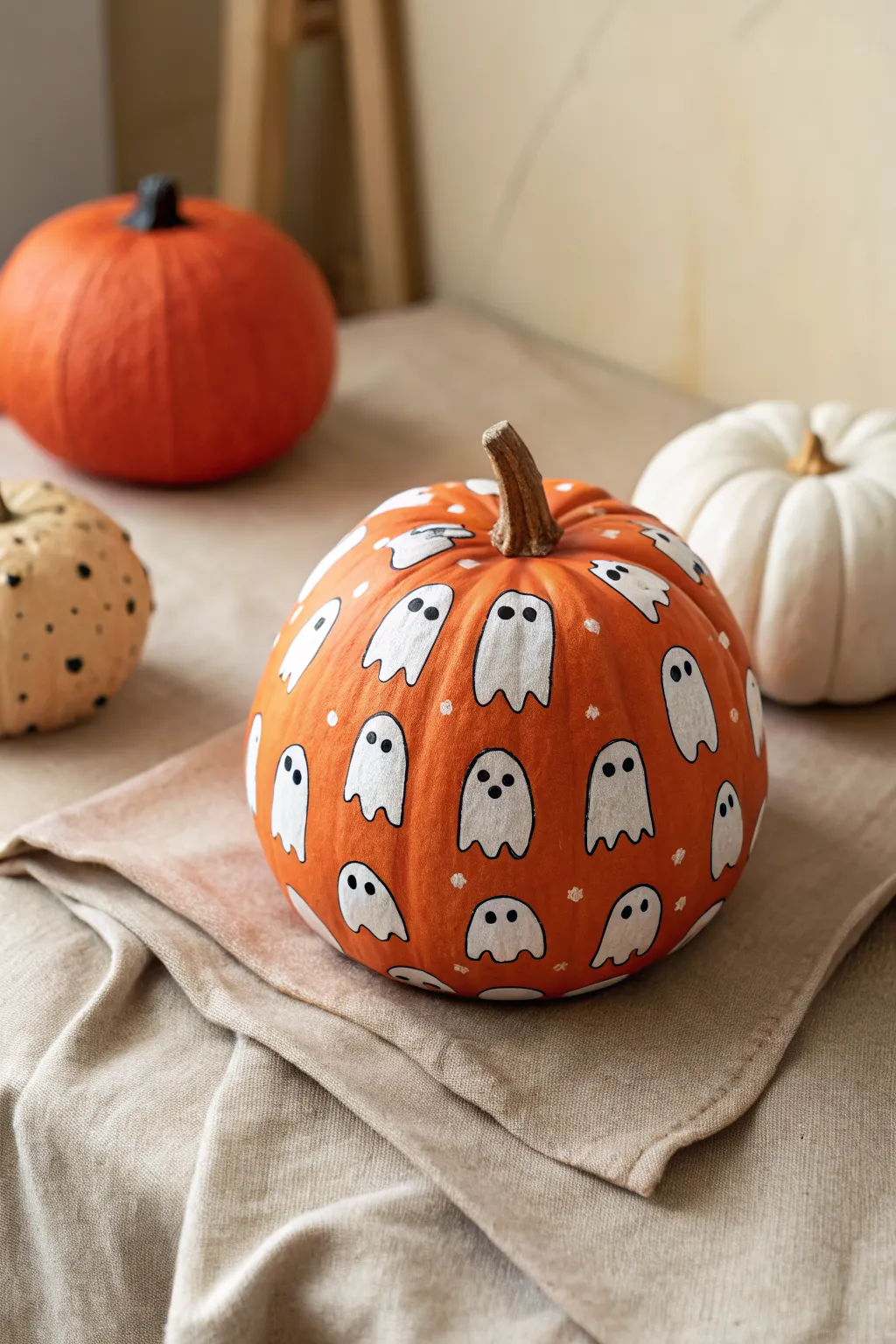 Cute orange clay pumpkin with tiny white ghosts, minimalist Halloween decor with boho charm.