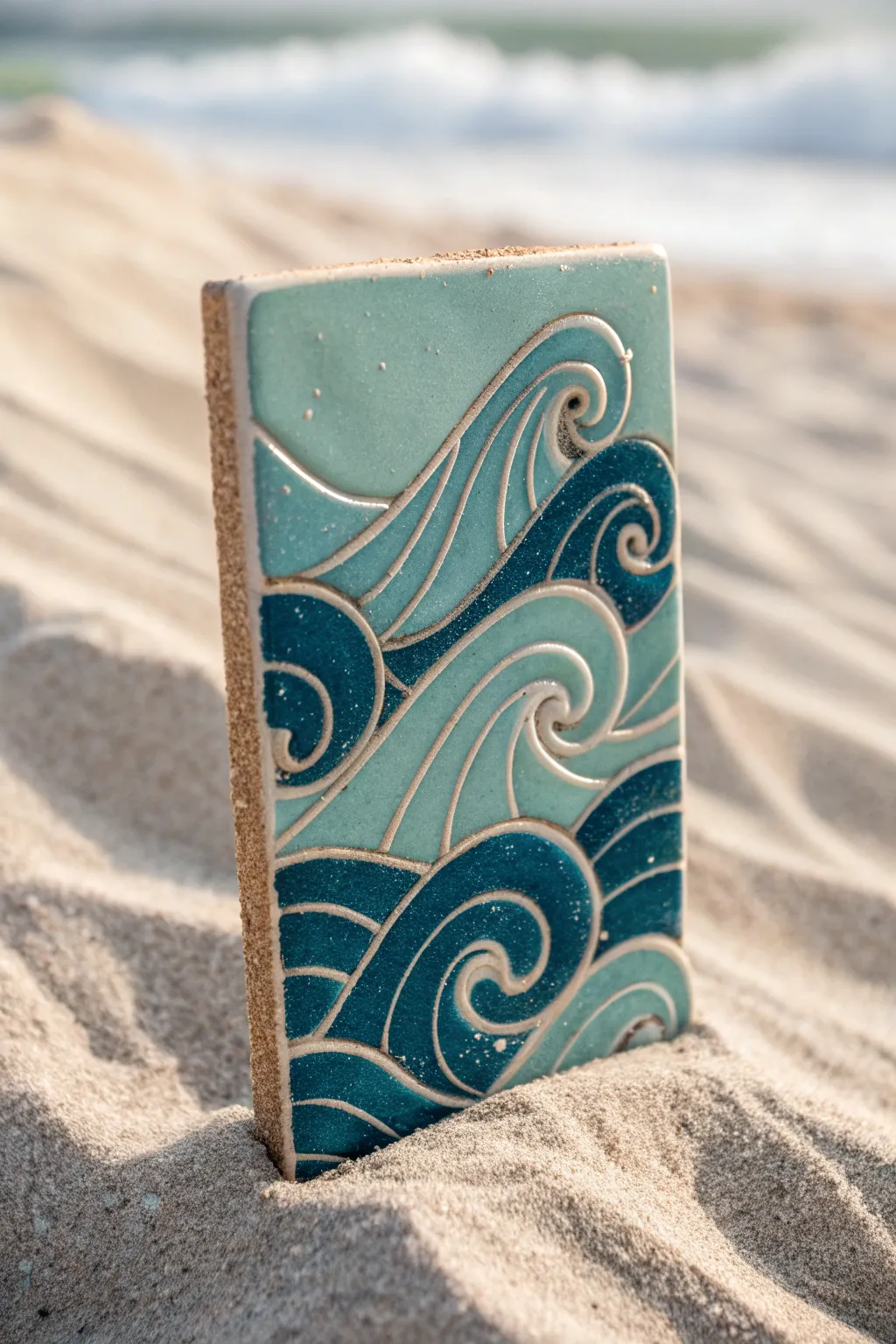 Calm ocean wave relief tile with carved flow lines, minimalist yet bold in deep sea blue.