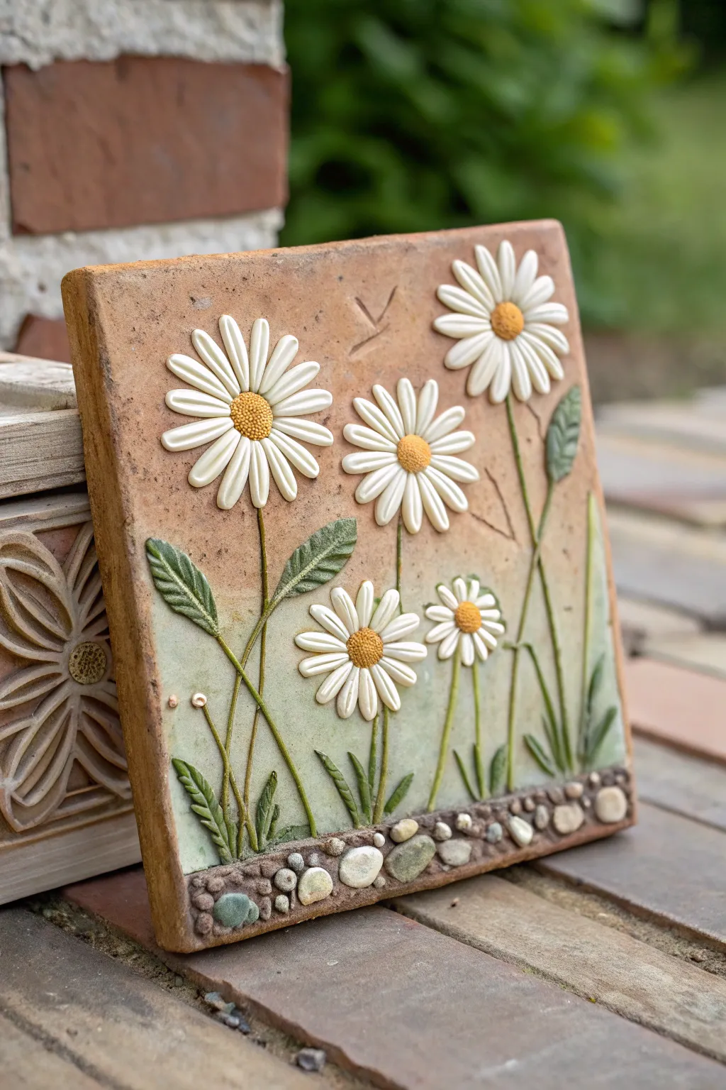 Layered daisy meadow relief tile with bold petals and subtle carved stems for soft depth