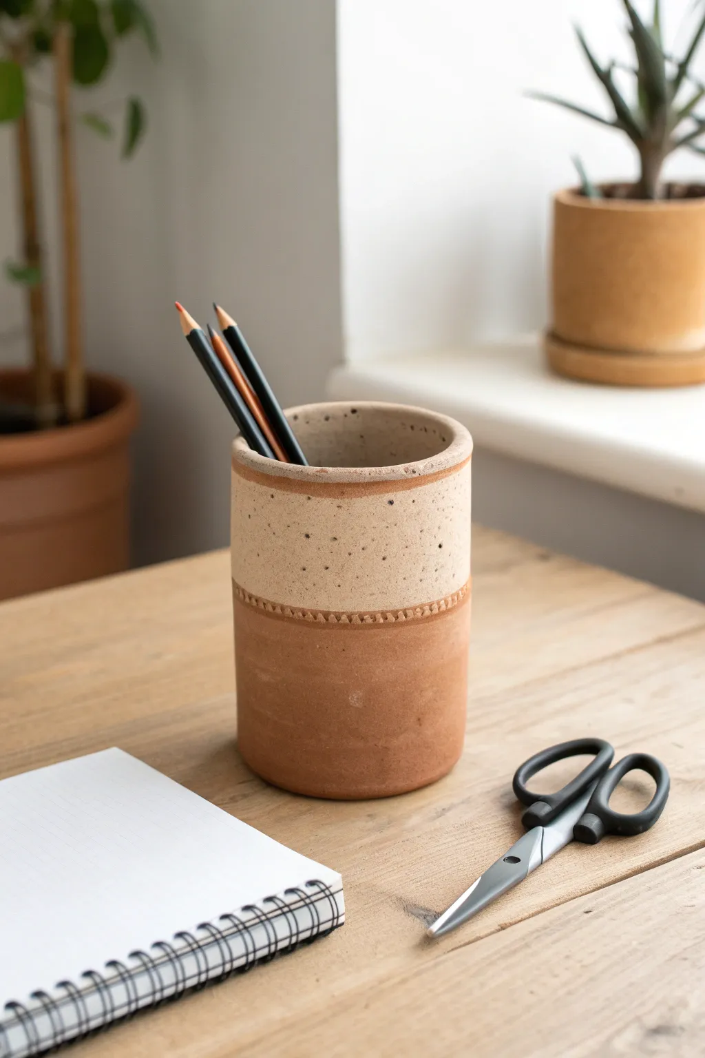Handmade clay desk cup in warm earth tones, a simple way to style and tame your workspace.
