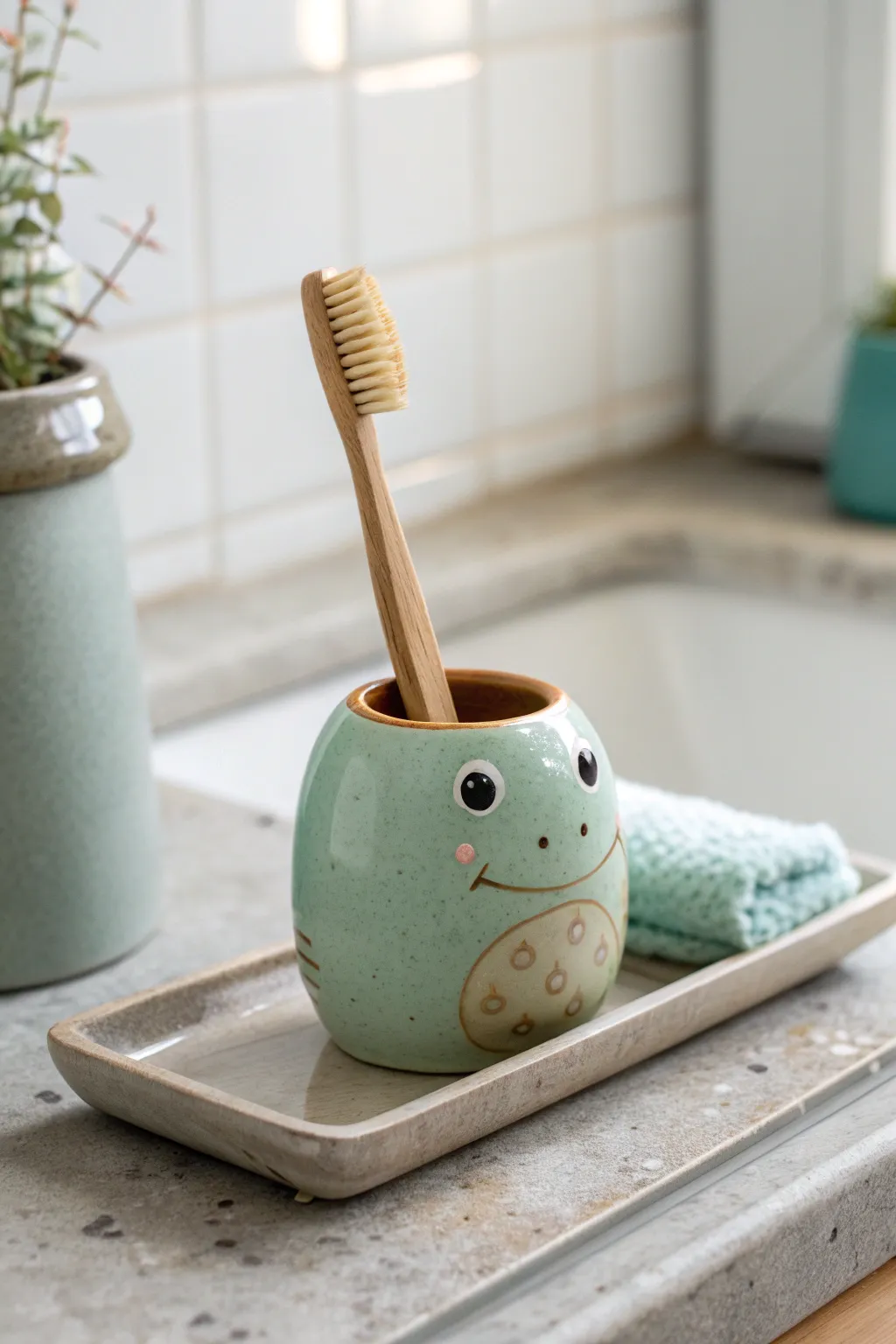 Cute pastel animal toothbrush cup with minimalist boho styling, a simple clay project with charm