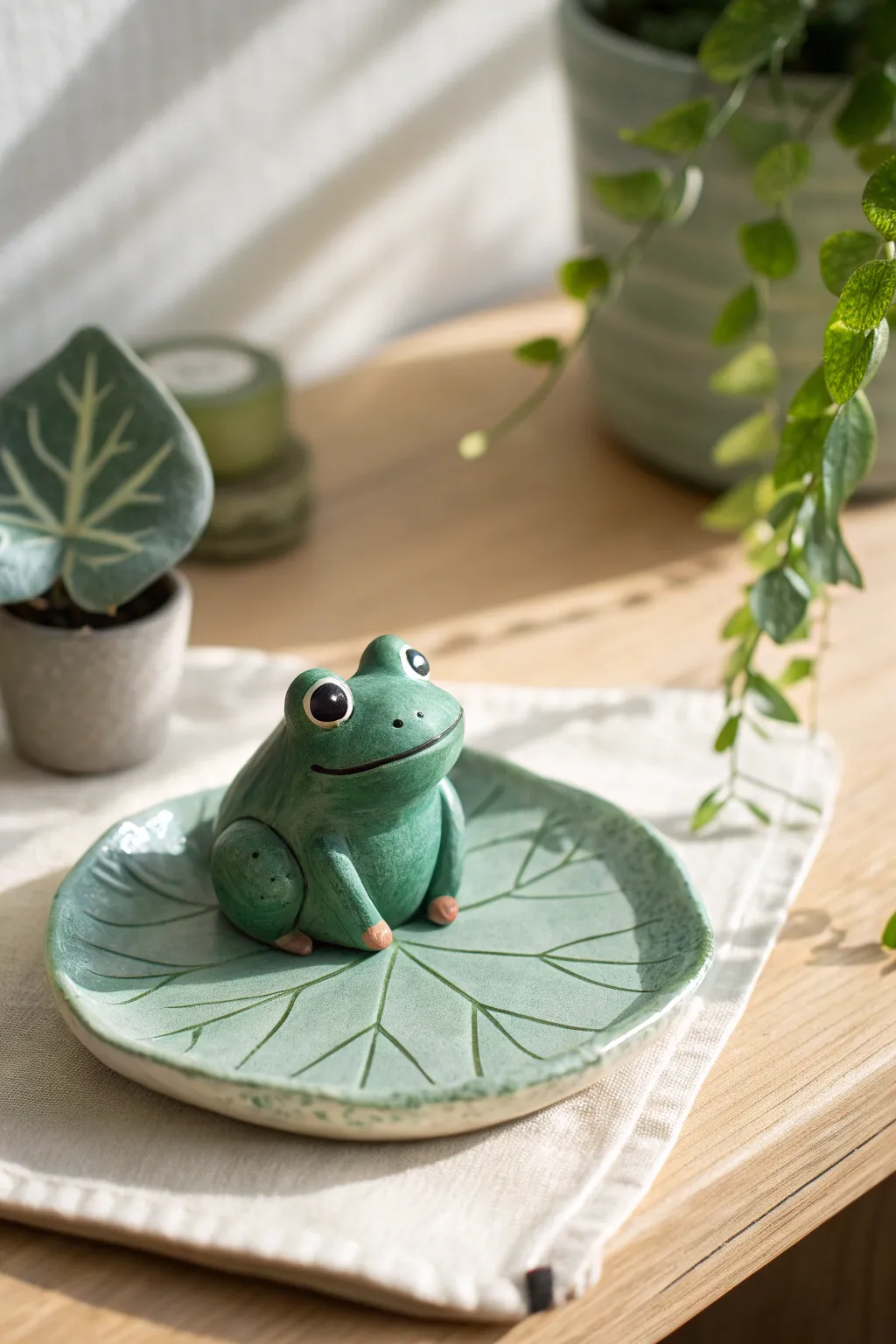 Beginner-friendly clay frog on lily pad dish, a sweet ring holder with bold color pop.