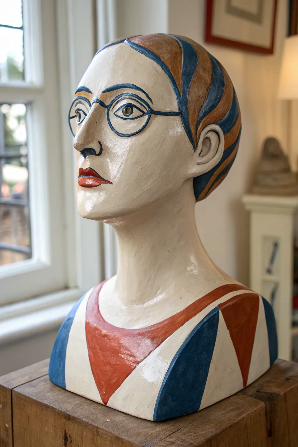 Self-portrait clay bust with bold color blocks and clean lines for a modern high school project