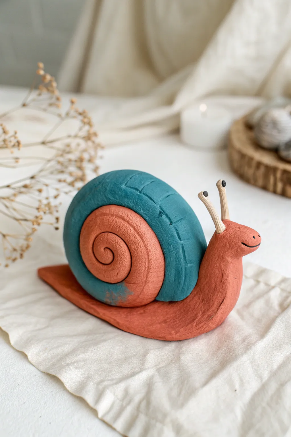 Make an easy color-blocked clay snail with a spiral shell, perfect for kids and beginners.
