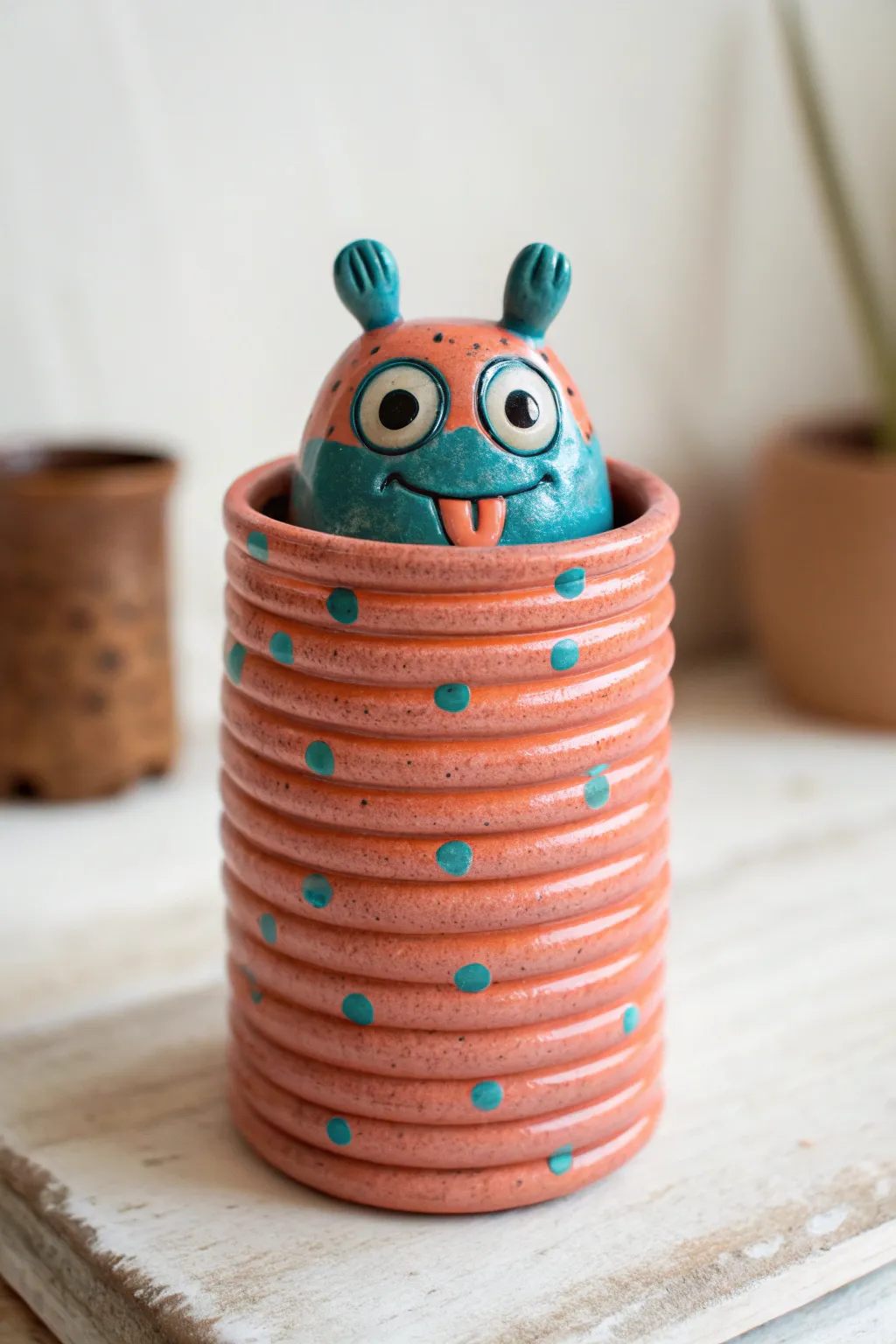 Coil-built creature pencil holder with bold color and visible handmade lines, an easy middle school clay win.
