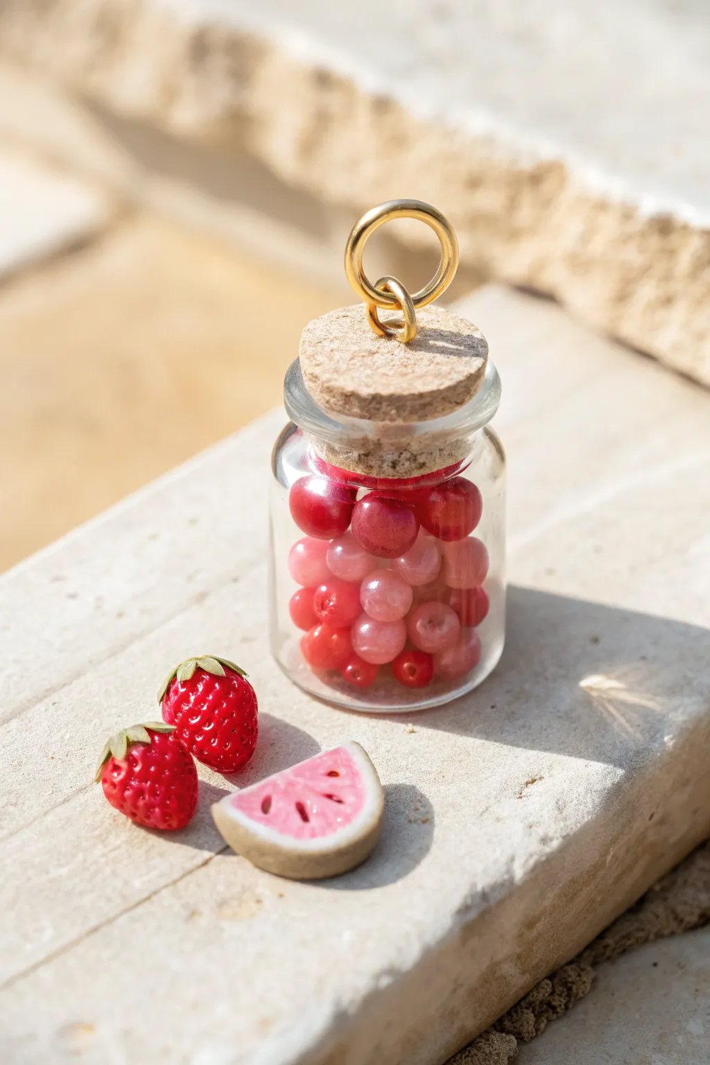 Mini jam jar shaker charm with red pink beads and tiny fruit slices, clean minimalist boho vibe