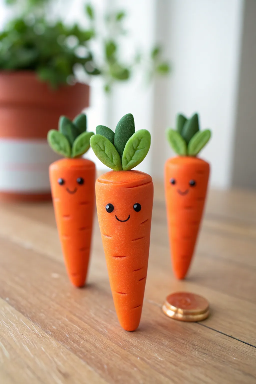 Three mini clay carrot characters with a tiny token for scale, minimal and irresistibly cute