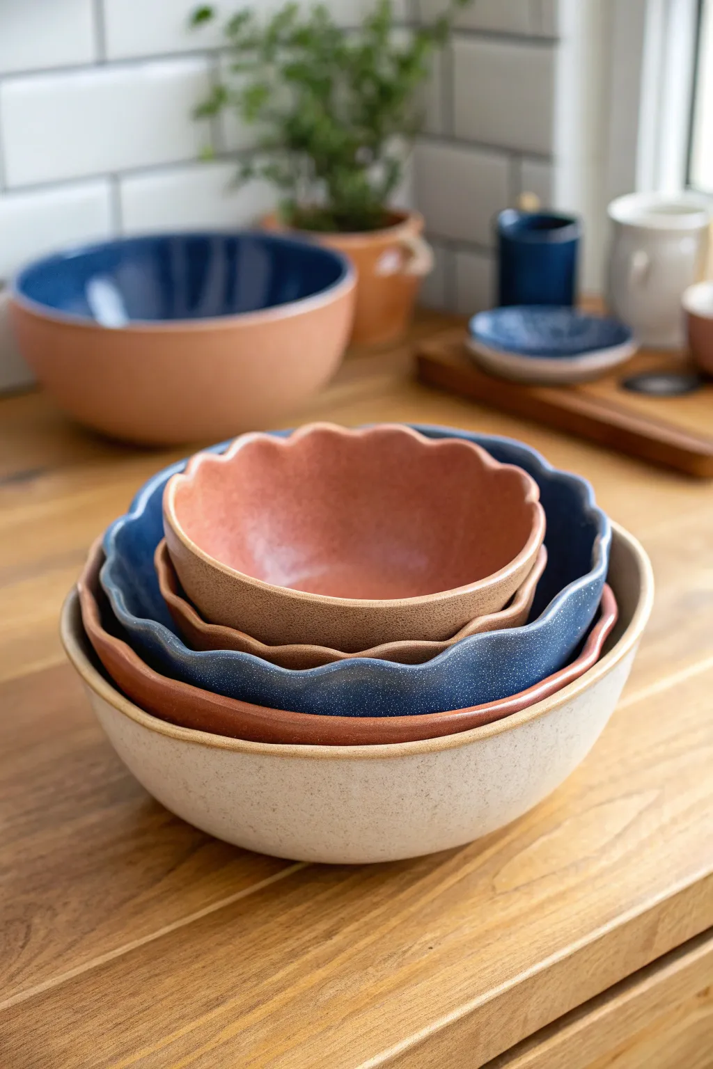 Organic wavy slab bowls in a bold satin glaze, stacked simply for a warm minimalist studio look.
