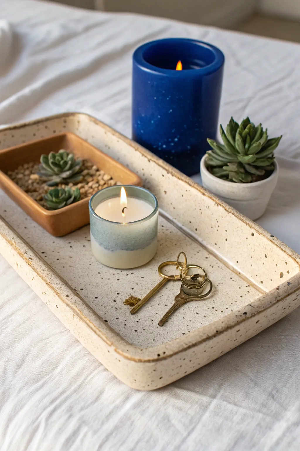 Minimal slab tray catch-all in speckled clay, perfect for keys, candlelight, and a tiny plant.