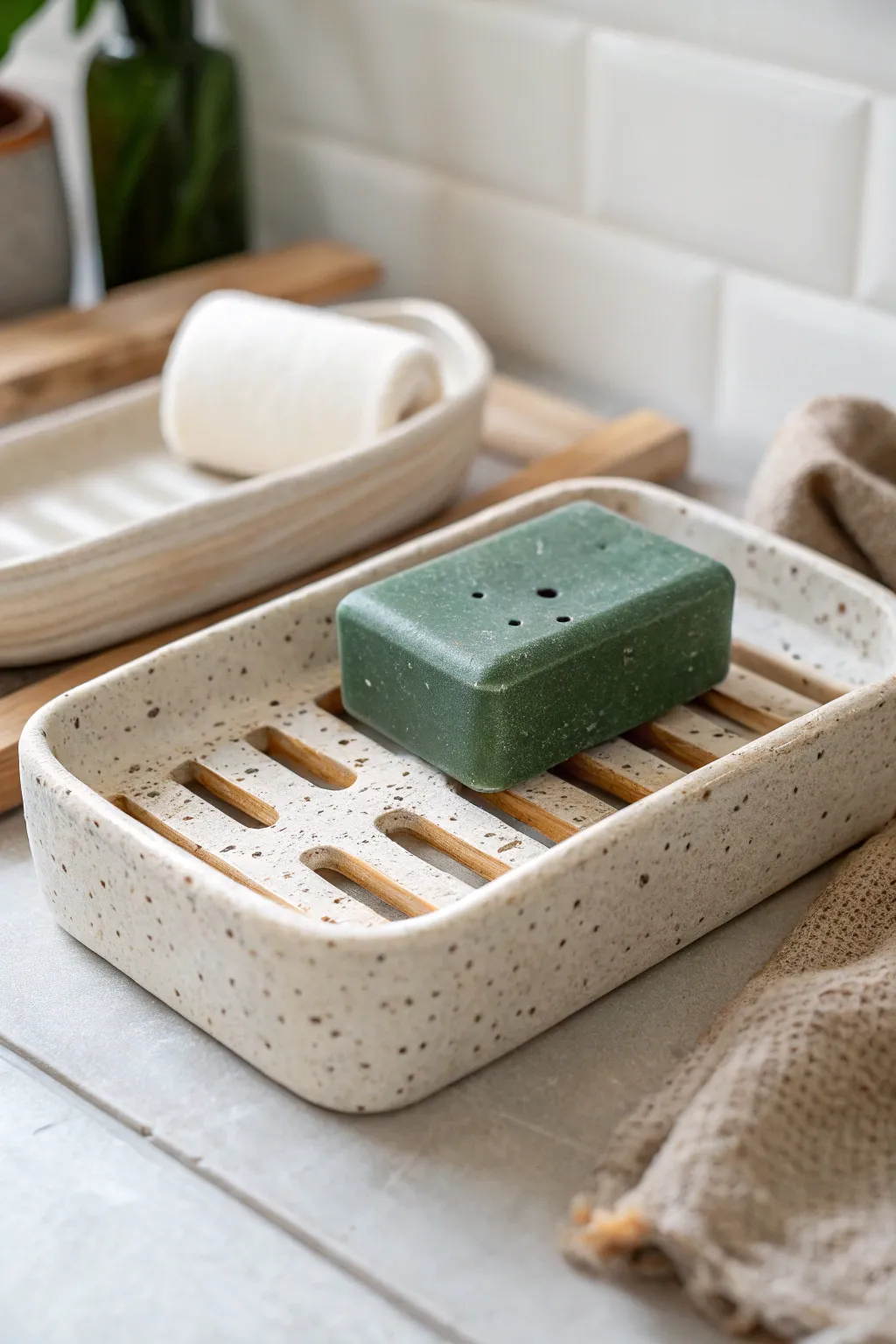 Simple slab soap dish with clean drainage holes, minimal bathroom styling, bold color contrast.