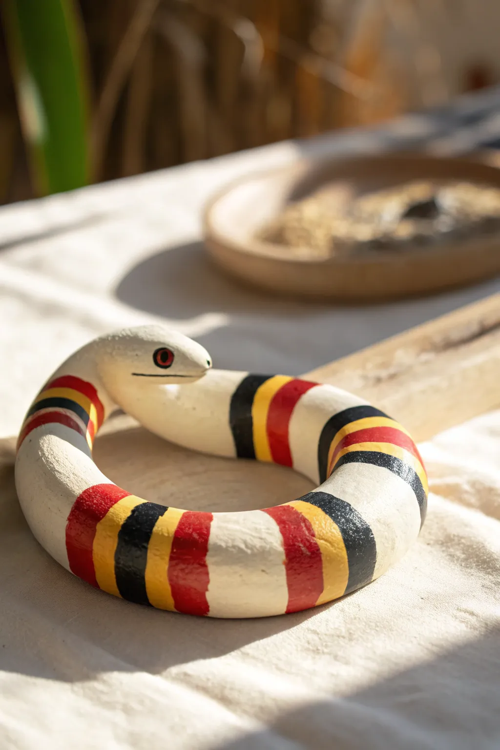 Minimalist clay snake with bold red, yellow, and black bands for an easy striking pottery idea.