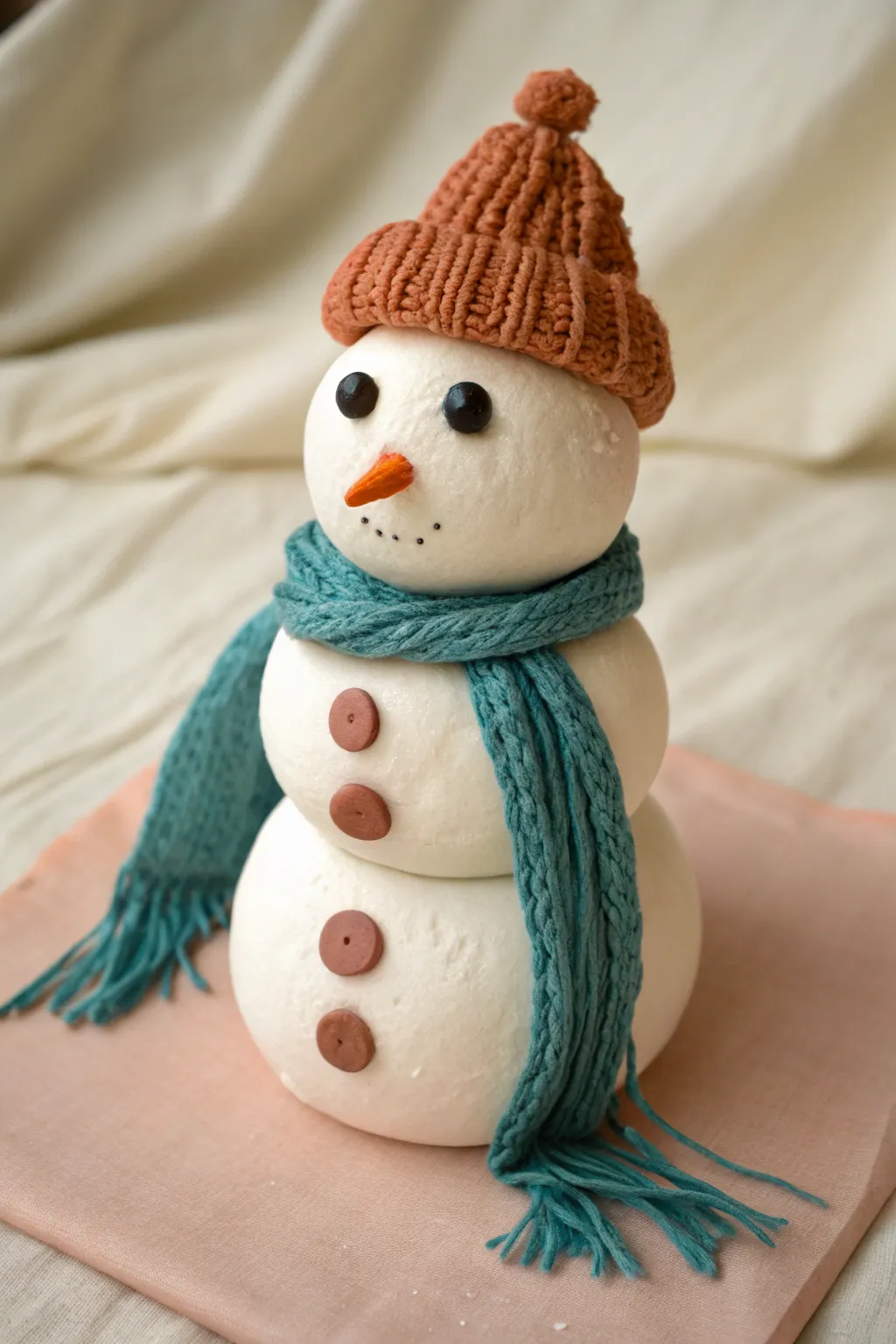 Cozy clay snowman in terracotta beanie and teal scarf, minimalist Nordic-boho winter charm.