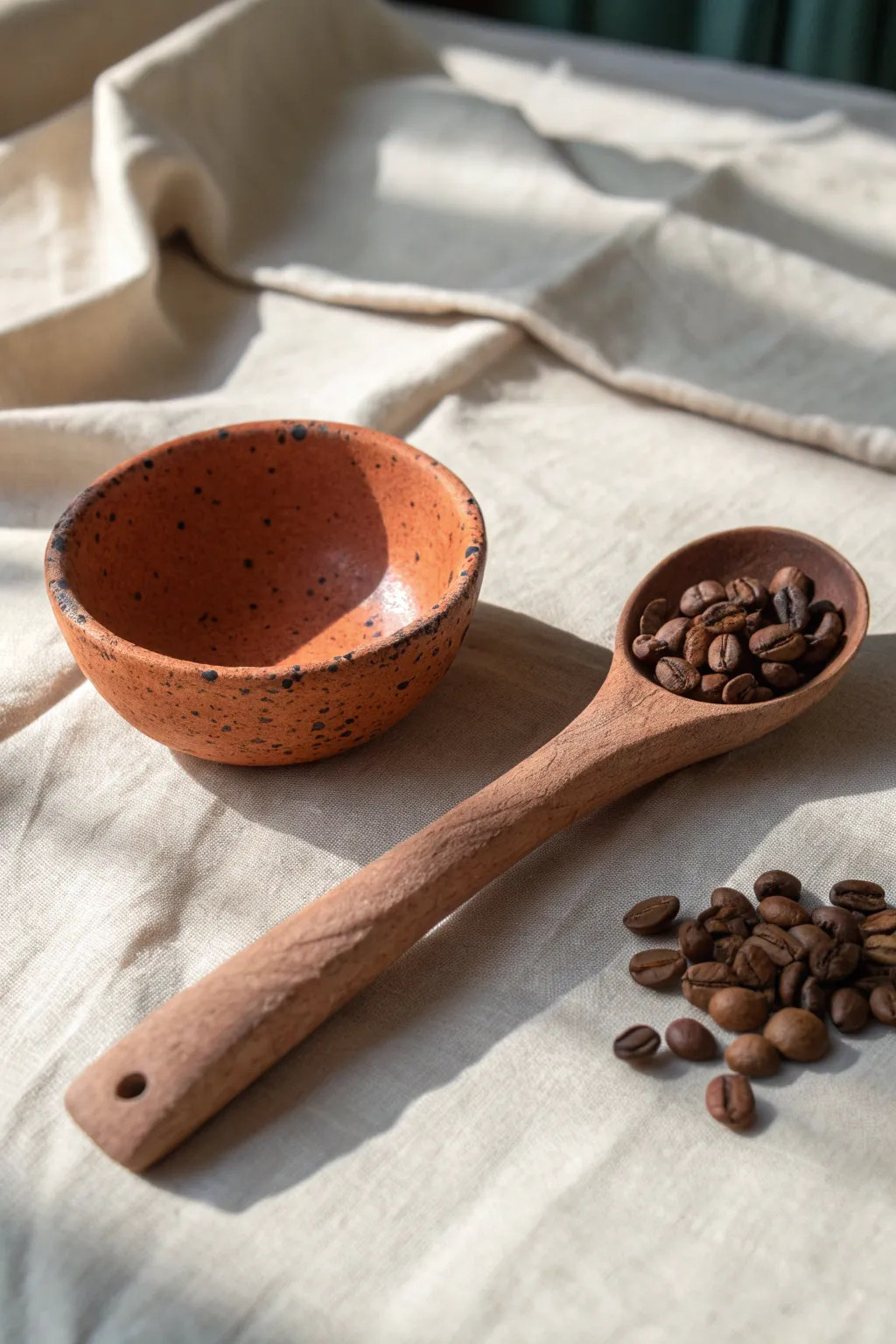 Chunky deep-bowl clay coffee scoop on linen with coffee beans, minimalist and warm.