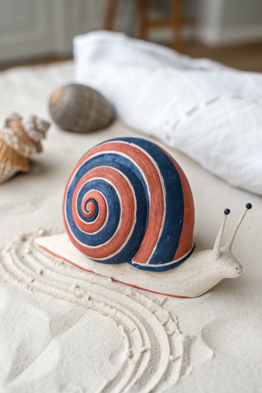 Chunky clay snail with a bold spiral shell, ready for a playful stop motion glide.