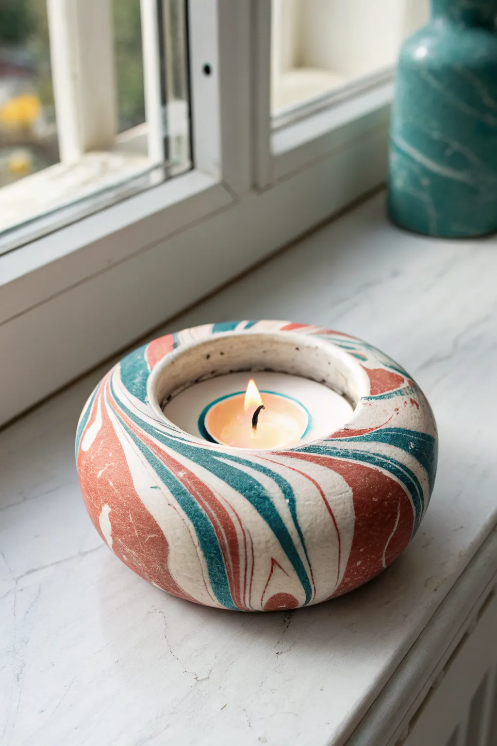 Marbled clay tea light holder in bold swirls on crisp white, minimalist and cozy glow.