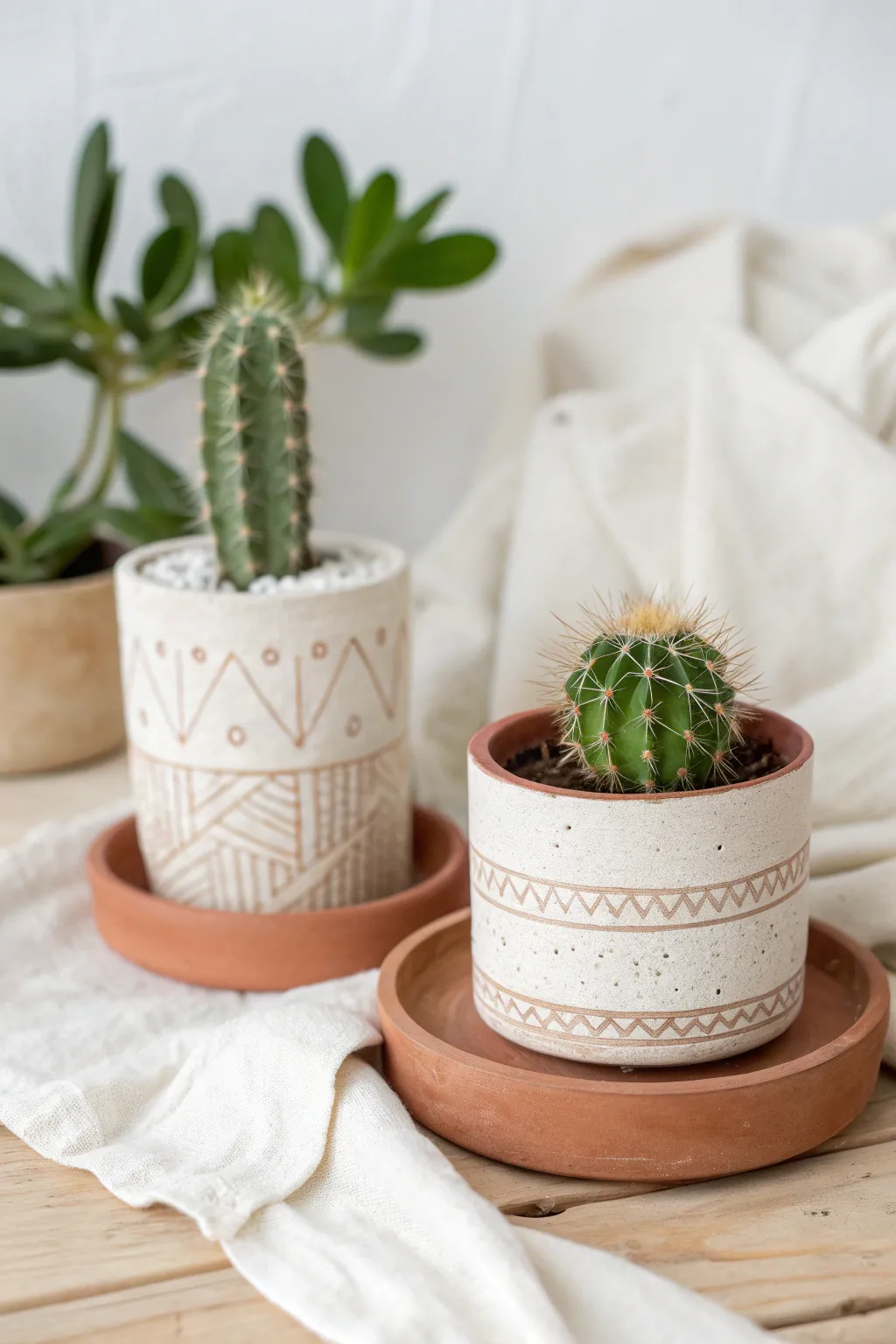 Chunky mini clay planters for tiny succulents, simple shapes with a practical saucer.