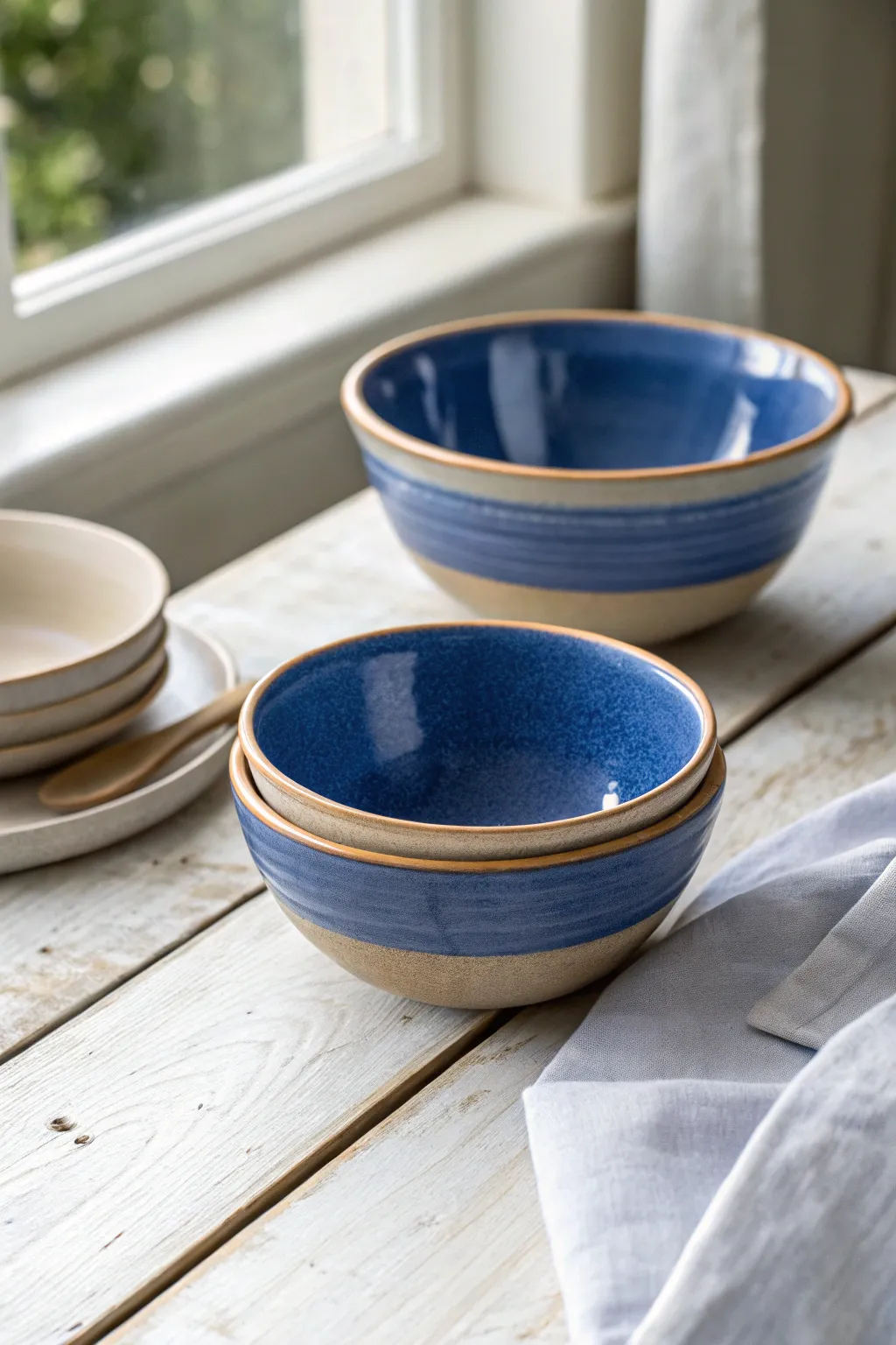 Three soft-curved wheel-thrown cereal bowls, nested and glazed in striking cobalt on pale wood.