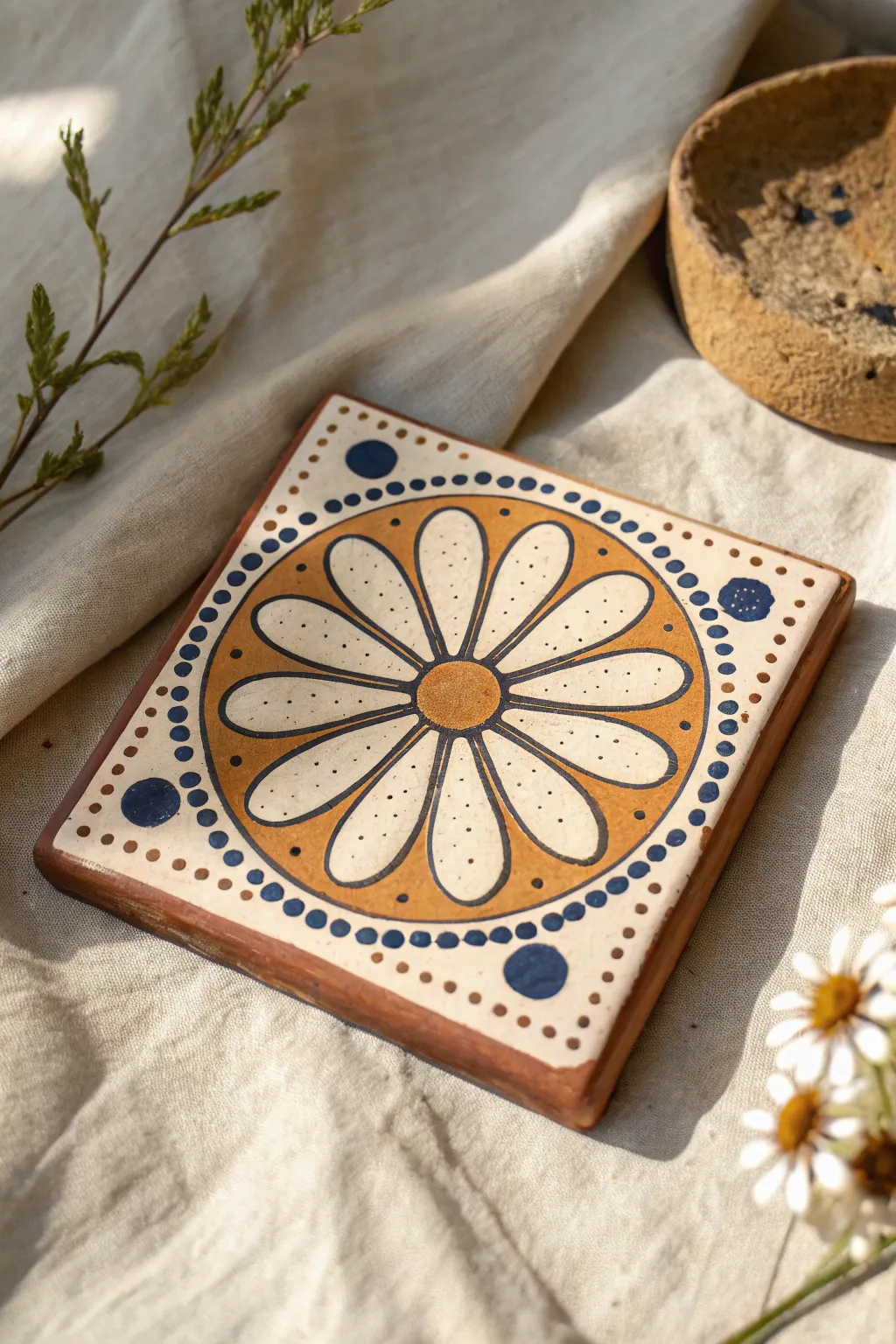 Handmade terracotta tile with a daisy medallion, simple lines, bold contrast, boho calm.