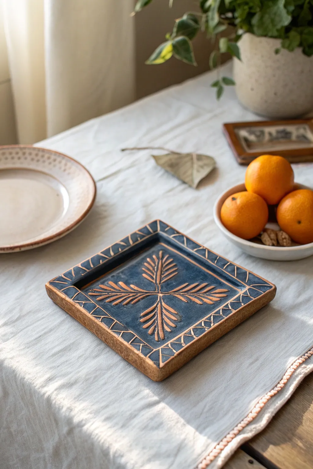 Simple carved border and motif on a bold glazed clay tile, Scandinavian minimal with boho warmth.
