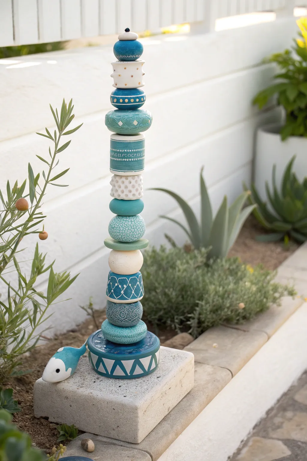 Sea-glass blue fish-and-waves clay totem column, minimalist boho vibe for modern pottery lovers.