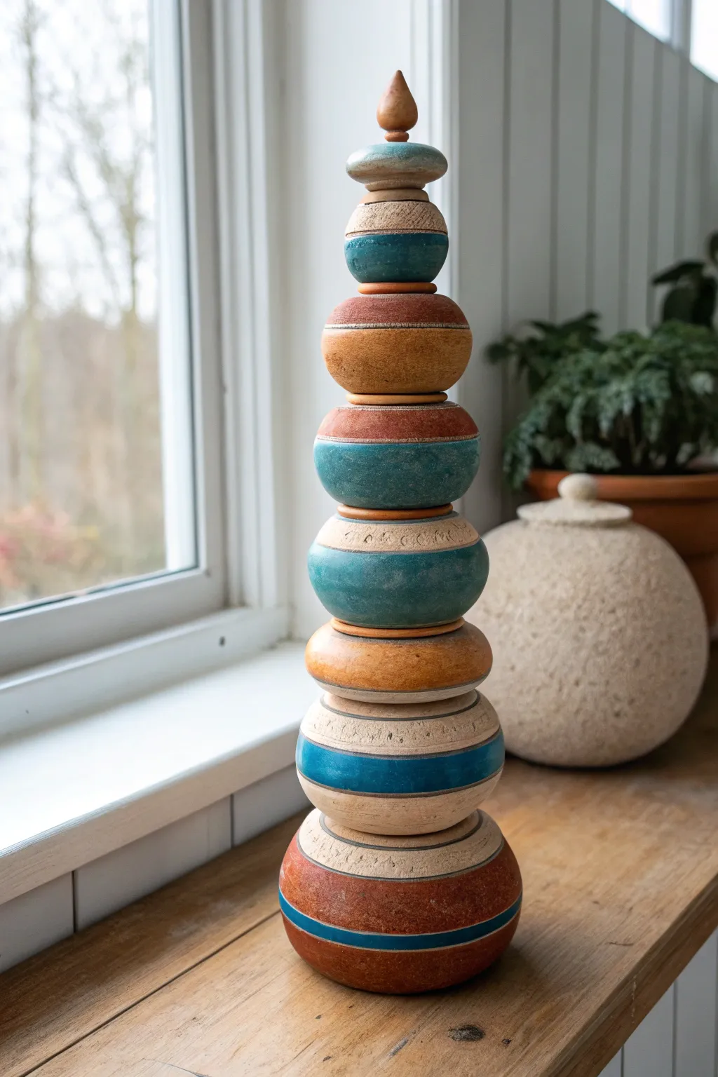 Tapered clay totem stack with a wide base and petite topper for effortless balance.