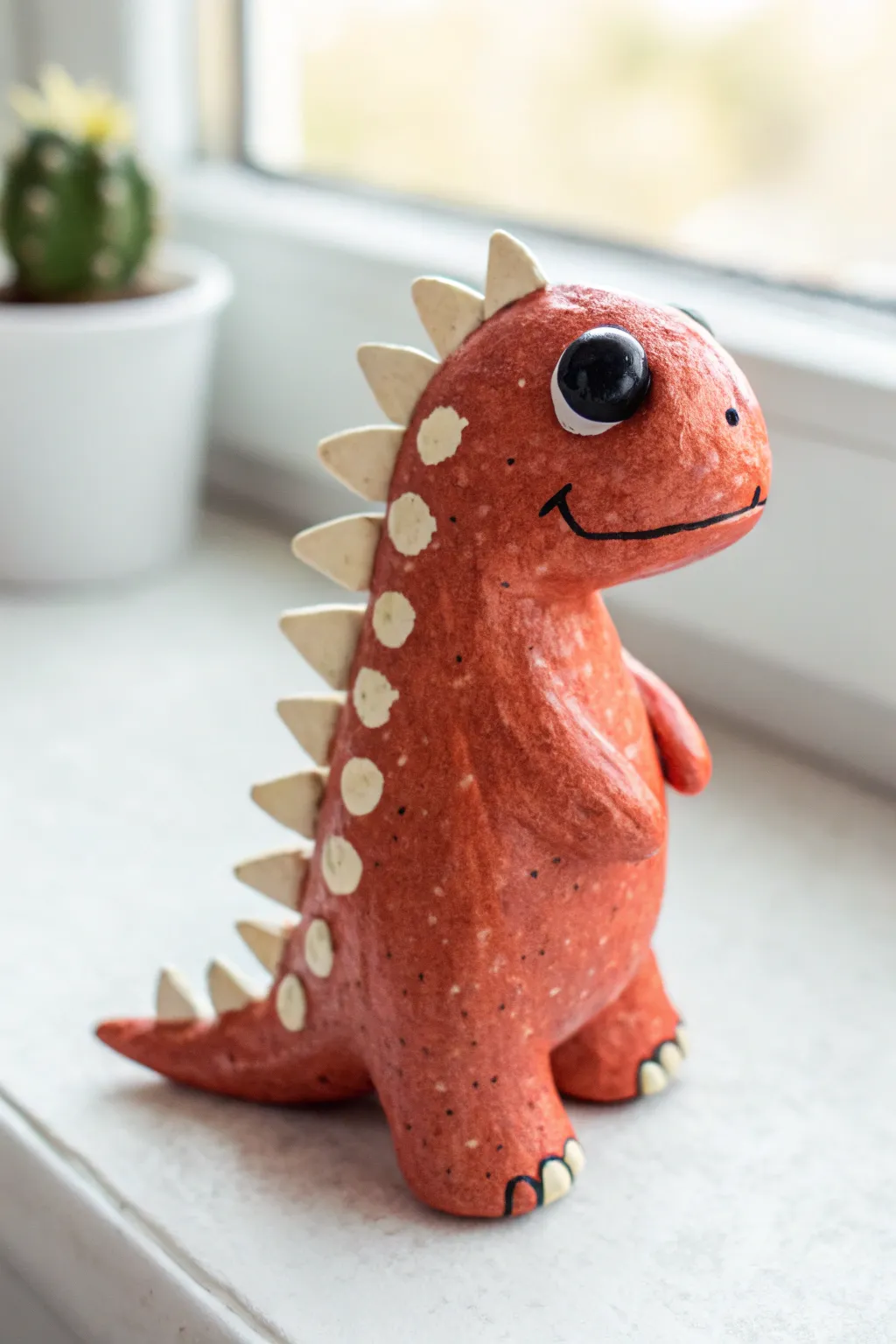 A friendly chunky dinosaur clay toy in bold coral, minimalist styling, and handcrafted charm.