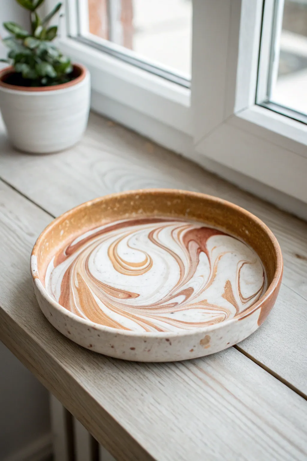 Marbled clay swirl tray in white, sand, and terracotta on pale wood, minimalist boho vibe
