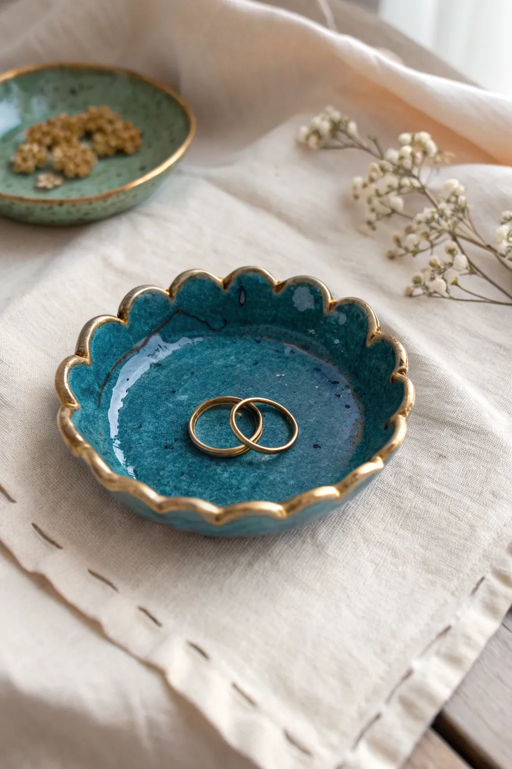 Handmade scalloped jewelry dish tray in bold glaze, perfect for rings and everyday sparkle.
