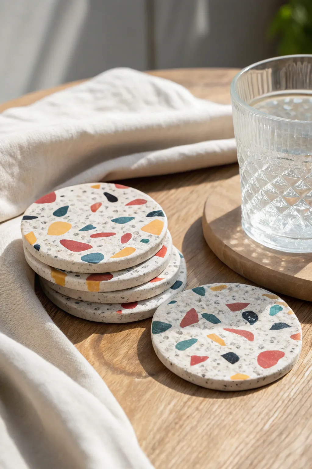 Handmade terrazzo clay coasters in bold color flecks, minimal styling for cozy everyday drinks.
