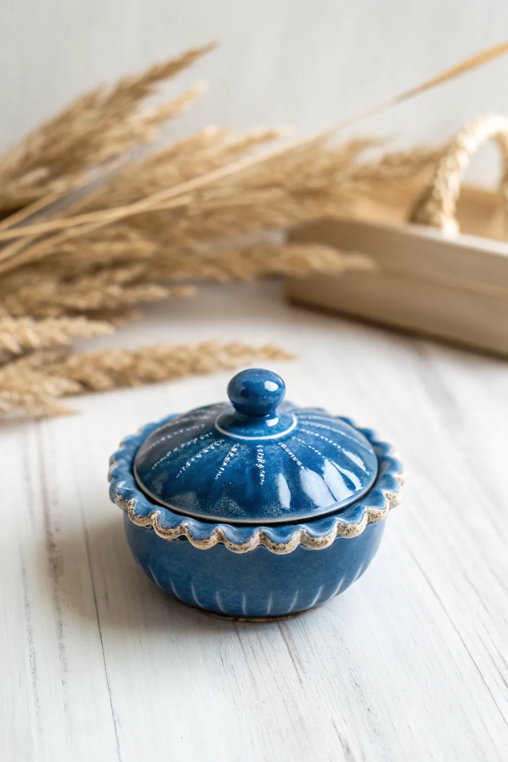 Glossy scalloped mini candy-dish trinket box in bold cobalt, perfect for rings and tiny treasures.