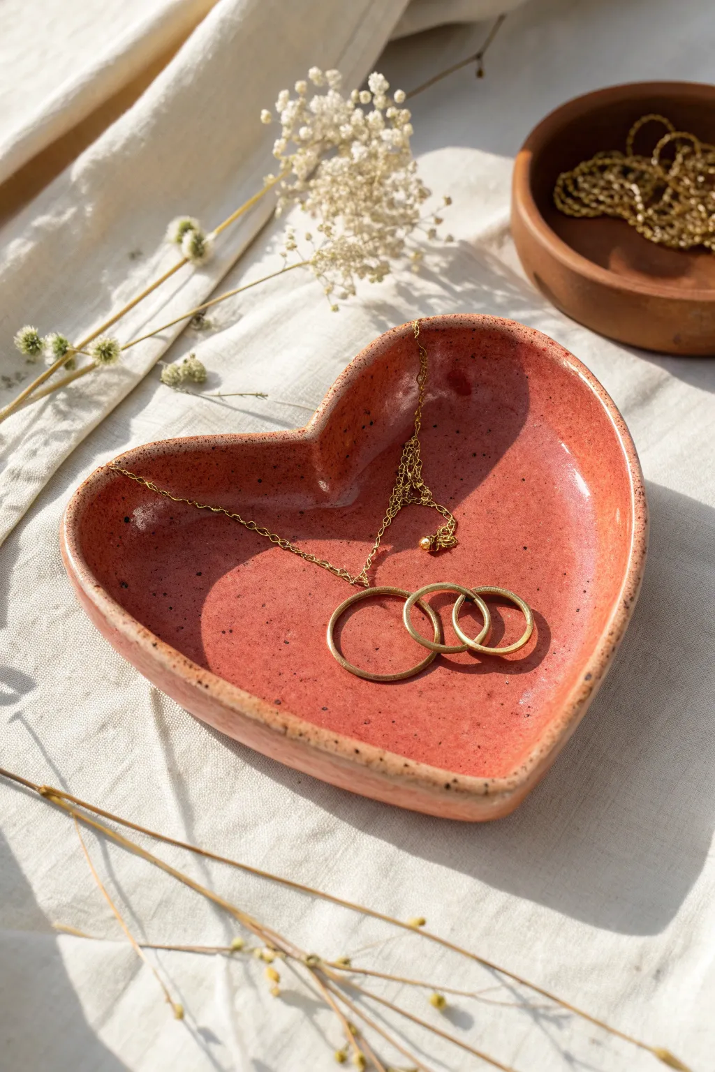 Heart-shaped clay trinket dish in bold terracotta with a tiny pile of jewelry for cozy minimal decor