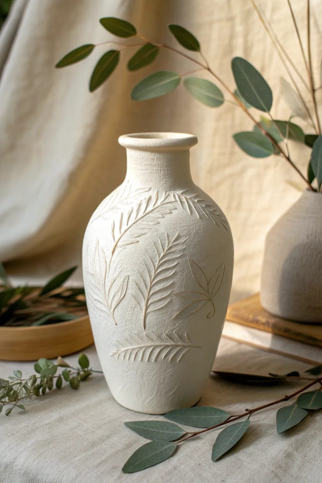 Leaf-stamped clay vase with soft linen styling for a simple, botanical, handcrafted look