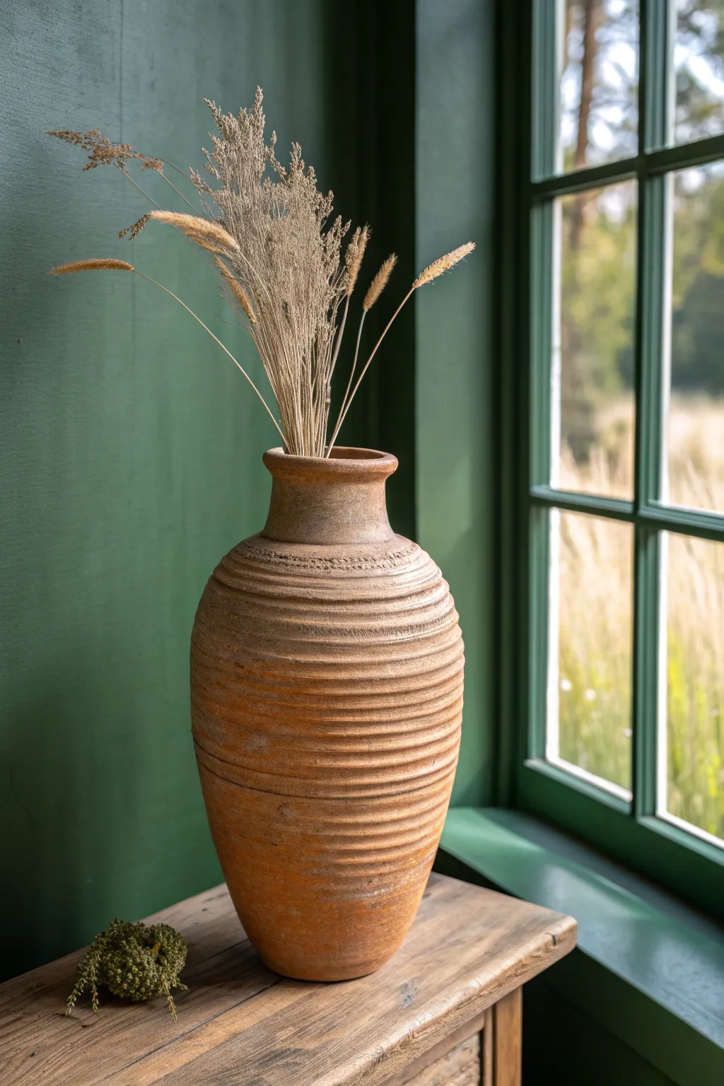 Coil-built terracotta vase with finger-ridge texture and dried grasses, minimal and bold