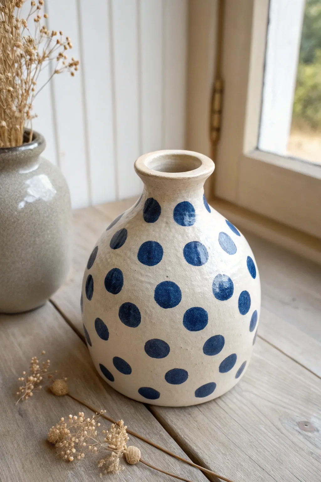 Playful polka dot vase painting idea: bold cobalt dots, minimal styling, and soft blooms