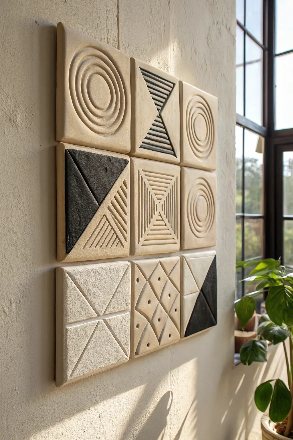 Minimalist 3x3 clay tile grid wall art with geometric textures in black, white, and sand.