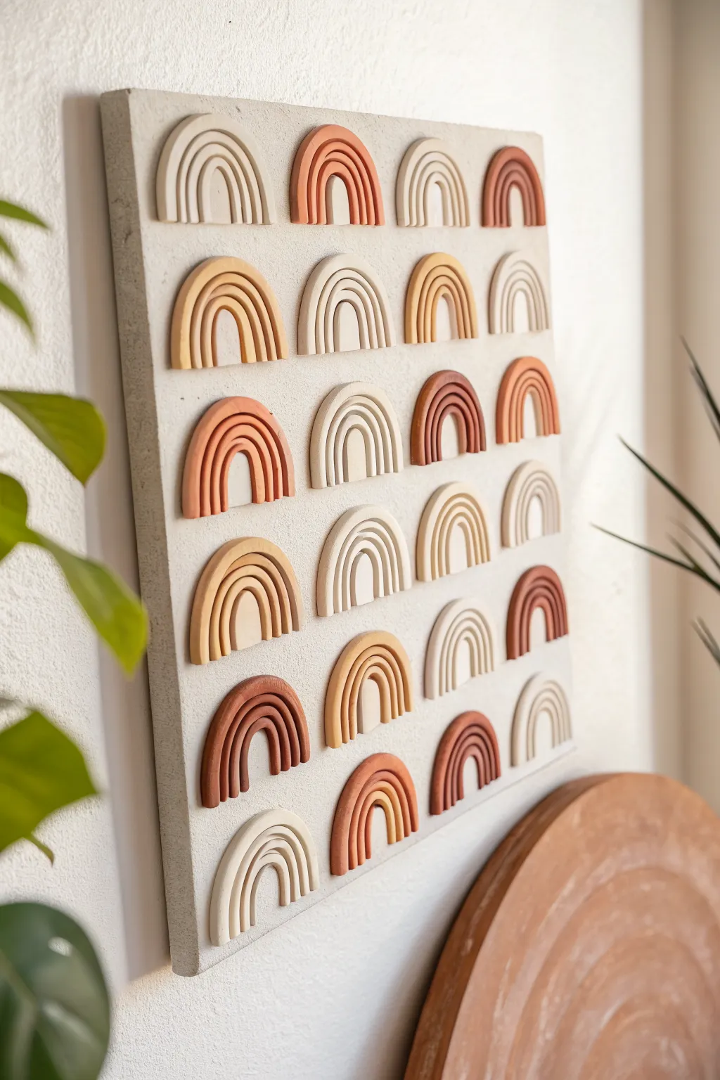 Minimal clay rainbow arches in a tidy grid, soft neutrals plus terracotta for crisp 3D shadows.