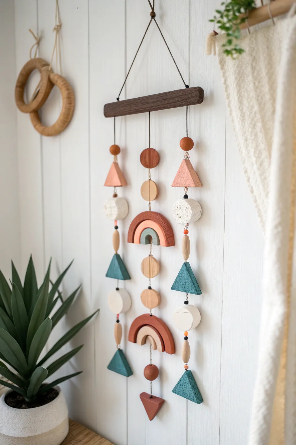 Simple geometric clay mobile with neutral tones and bold accents for a calm boho wall.