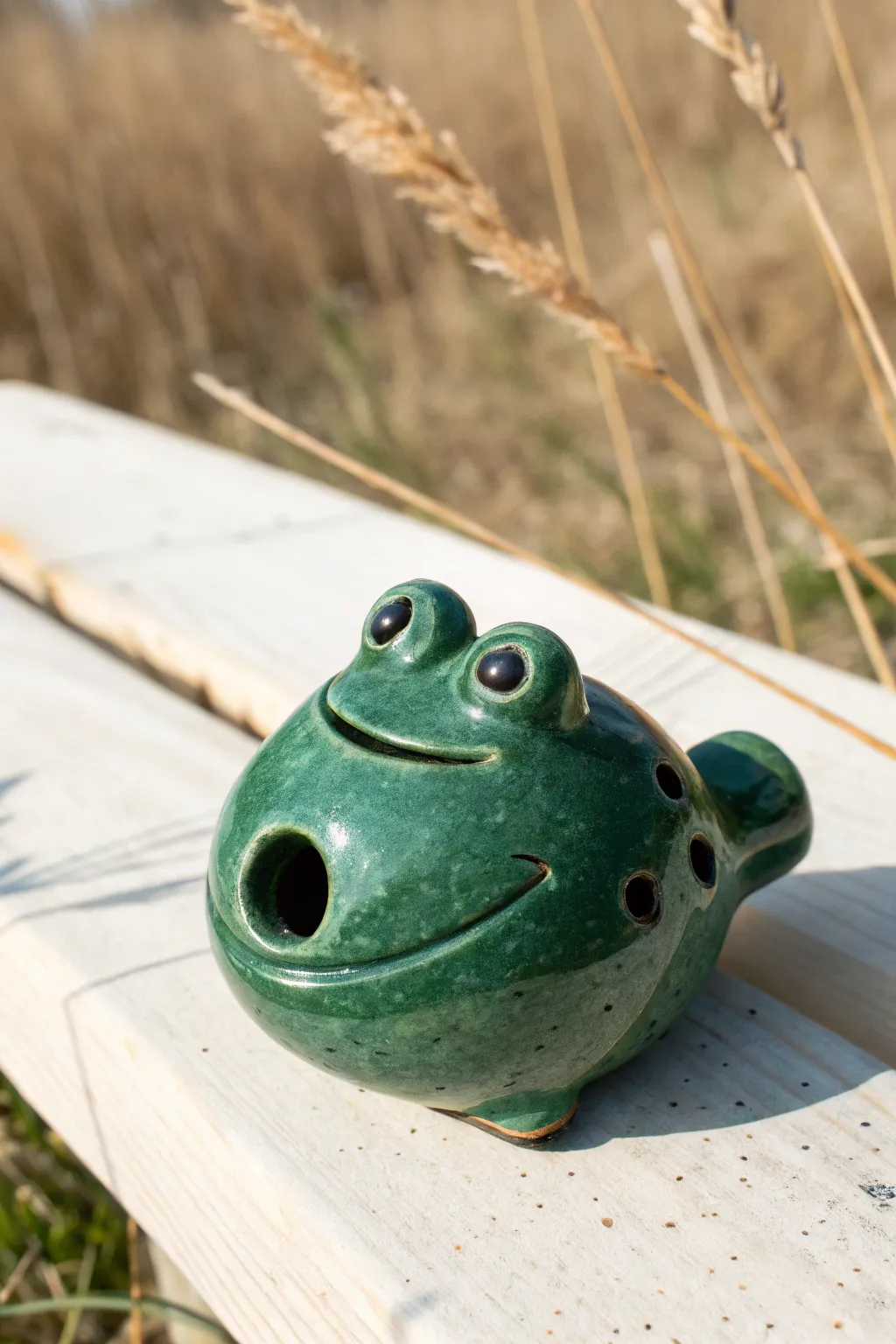 Easy round frog clay whistle with a wide smile, minimal boho styling and bold color pop.